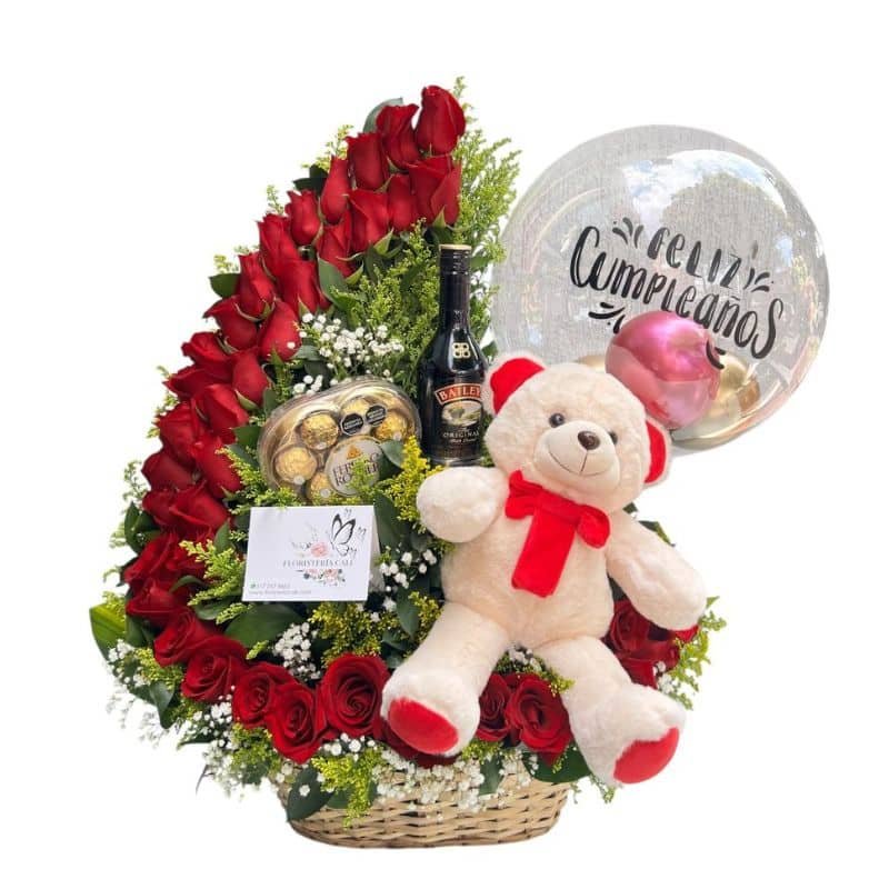 Arreglo floral con 45 rosas, oso de peluche, Ferrero corazón y globo personalizado