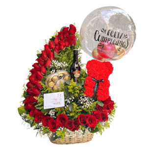 Canasta Bailarina con 40 Rosas, Ferrero, Baileys, Osito y Globo Burbuja Personalizado