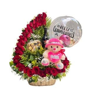 Canasta Bailarina con 40 Rosas, Ferrero, Baileys, Peluche y Globo Burbuja Personalizado