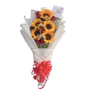 Bouquet de 5 Girasoles y 9 Rosas Rojas Frescas