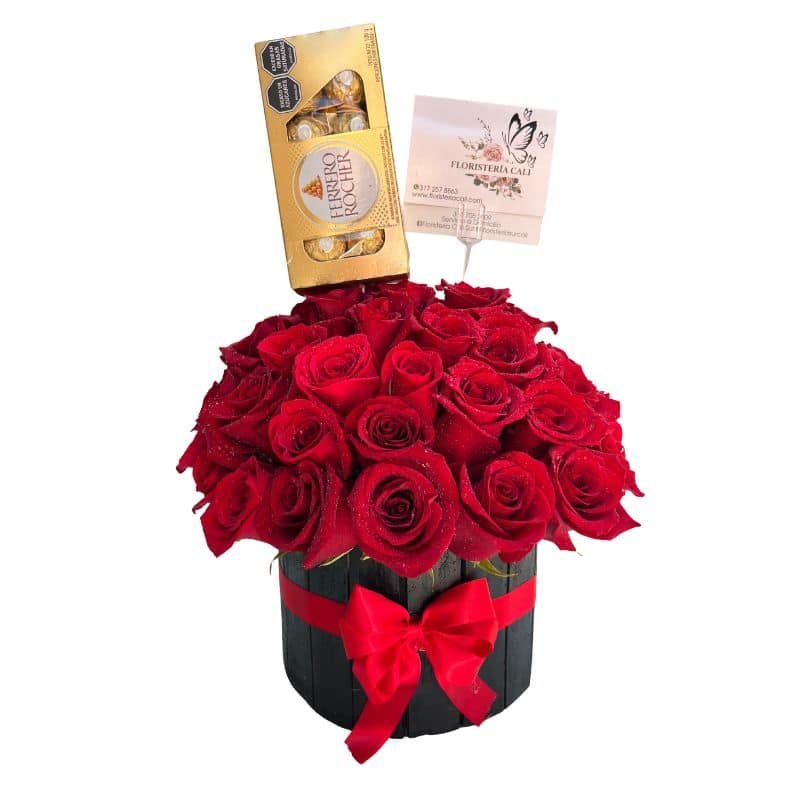 Cilindro con 50 rosas rojas y caja de chocolates Ferrero.