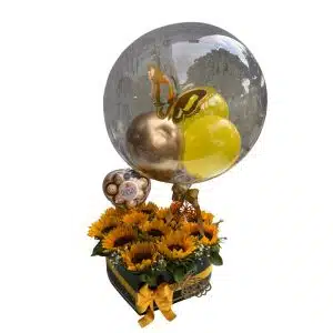 Corazón de 10 Girasoles con Chocolates Ferrero y Globo Burbuja Personalizado