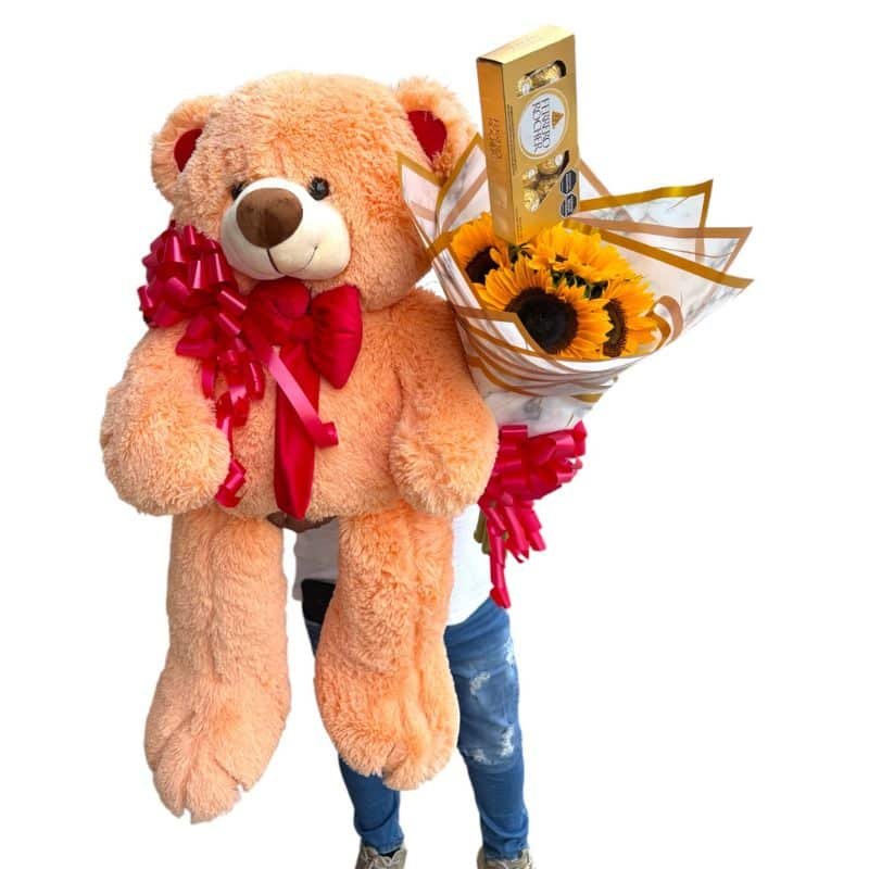 Oso de peluche 60 cm con buchón de girasoles y chocolates Ferrero