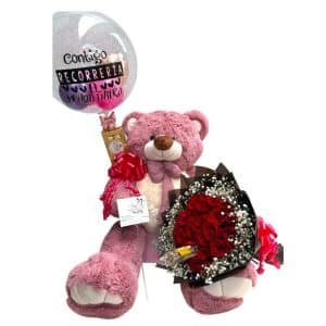 Peluche Gigante 100 cm con Buchón de 50 Rosas, Perla, Chocolates Ferrero y Globo Personalizado