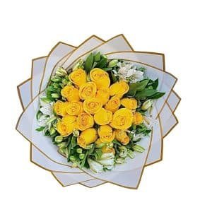 Buchón de 20 Rosas Amarillas con Astromelias