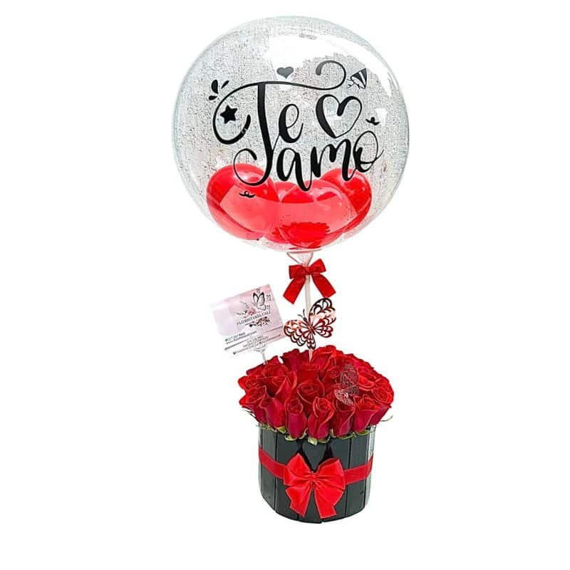 Cilindro con rosas rojas, peluche y globo personalizado