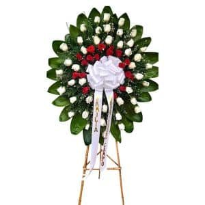 Corona Fúnebre con Rosas Blancas y Rojas con Moño y Cinta