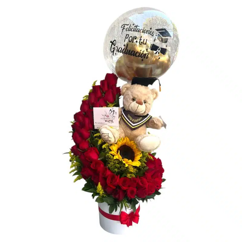 Arreglo cilindro bailarina con 40 rosas rojas, girasol, peluche y globo burbuja personalizado