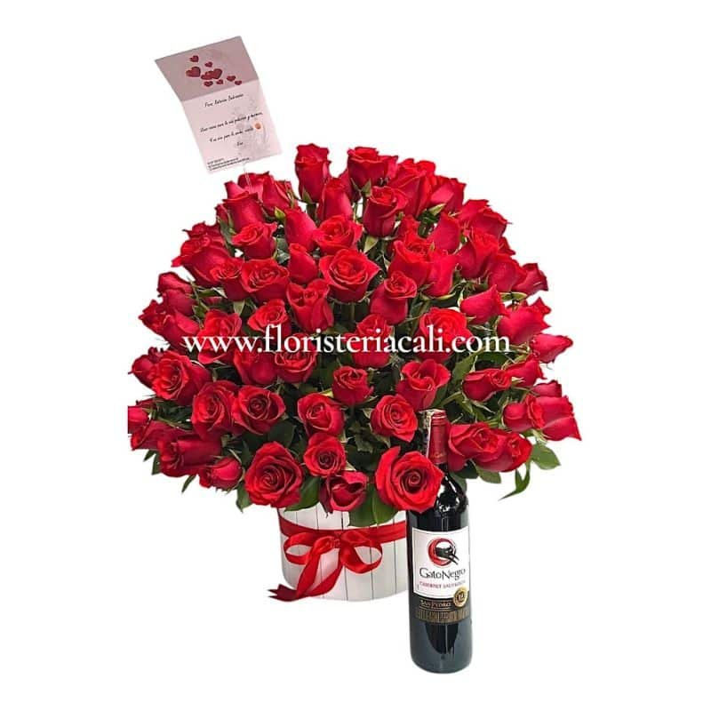 Arreglo en cilindro con 150 rosas rojas en base de madera y vino Gato Negro