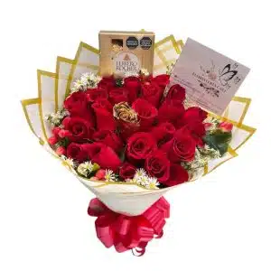 Buchón de 24 Rosas Rojas y 1 Rosa Dorada con Chocolates Ferrero