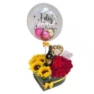Corazón con Rosas y Girasoles, Baileys, Chocolates Ferrero y Globo Personalizado