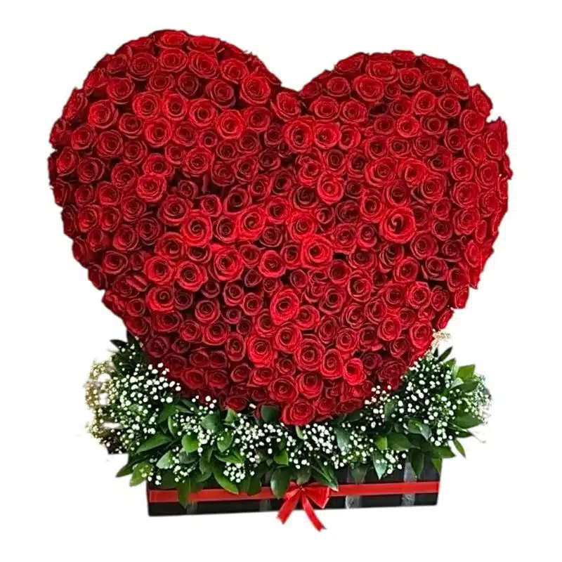 Corazón gigante en base de madera con 500 rosas rojas y follaje perla