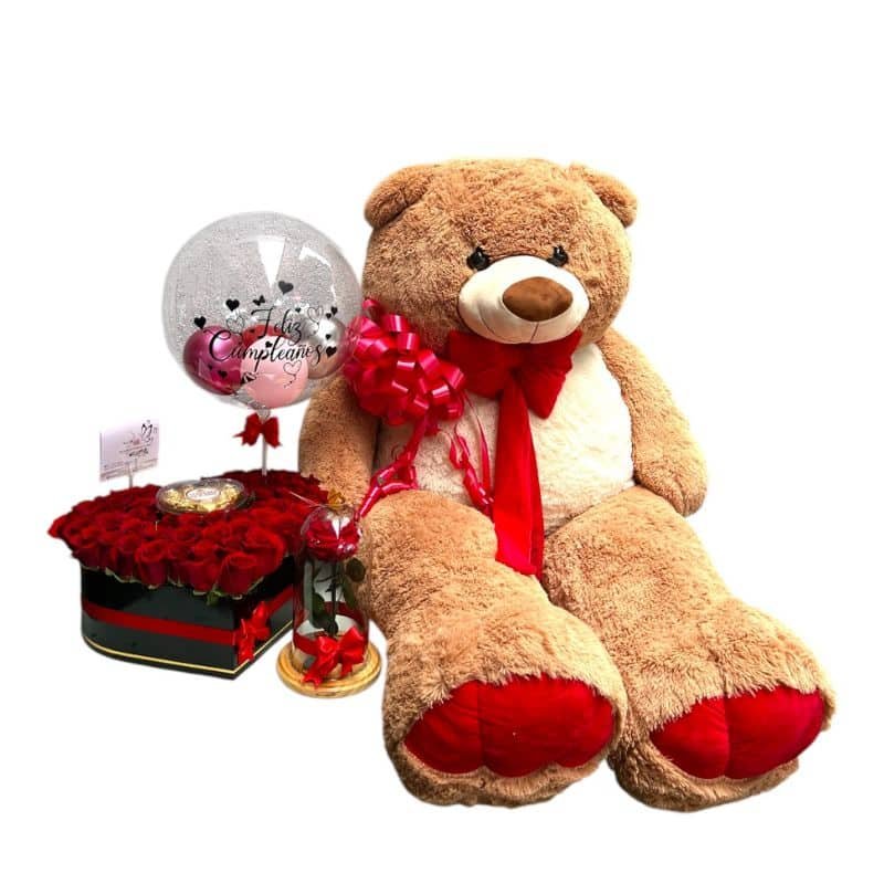 Oso de peluche de 1,70 m con corazón de rosas, Ferrero, rosa inmortalizada y globo burbuja